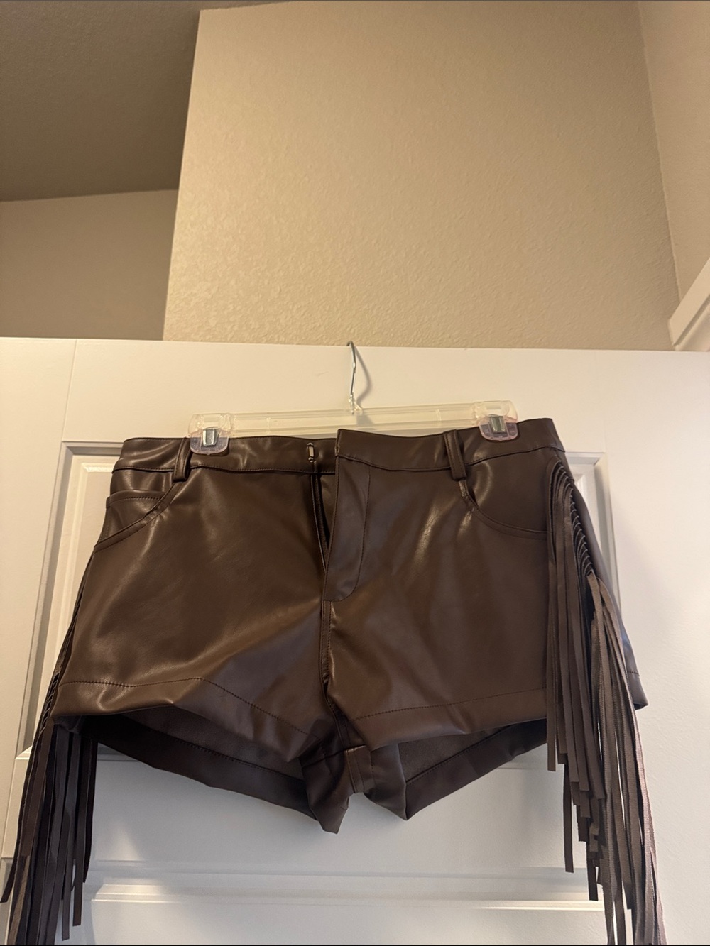 Vici Chocolate Brown Faux Leather High-Waist Fringe Shorts